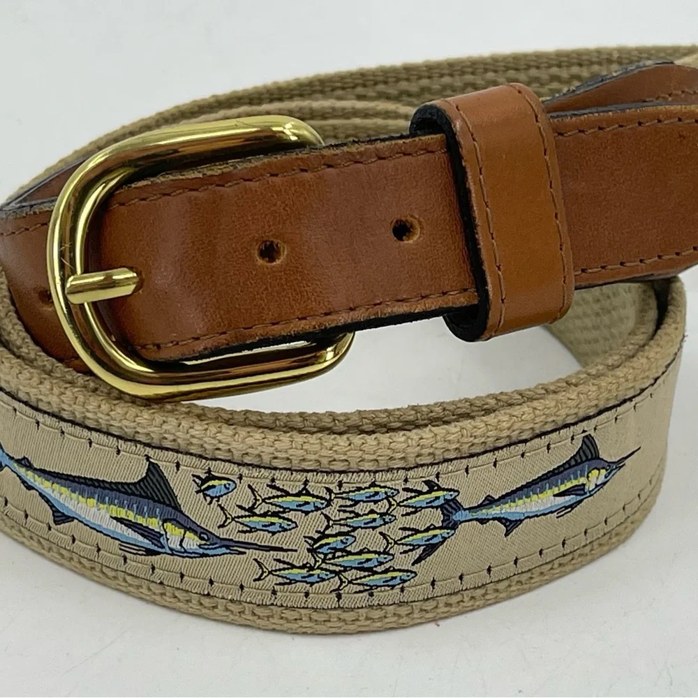 Zep Pro Leather Canvas Belt Embroidery Marlin Fish‎ Brown Men's 42 Fisherman USA